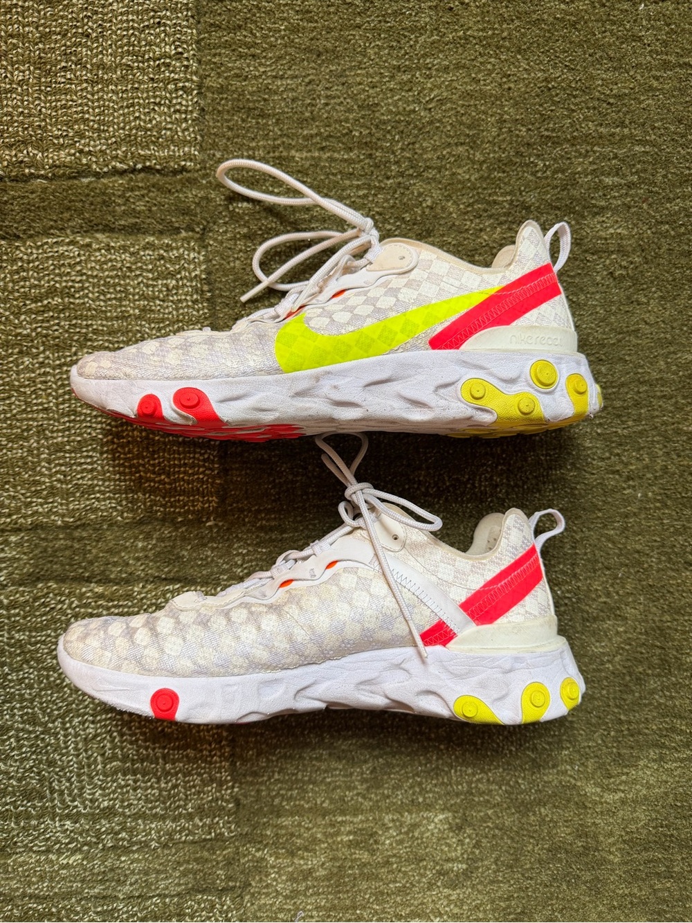 Nike Men’s React Element 55, Checkered White Crimson Volt colorway, 9.5M
